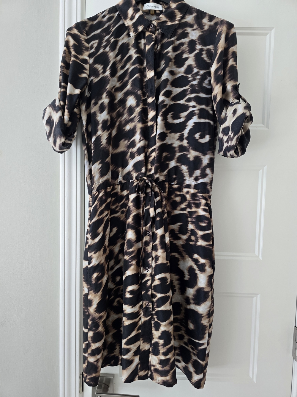 Calvin Klein Black and Brown Leopard Print Silk Dress
